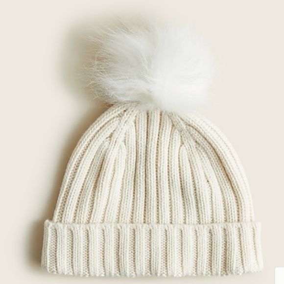 J Crew Ribbed puffy pom-pom wool blend beanie Ivory on White